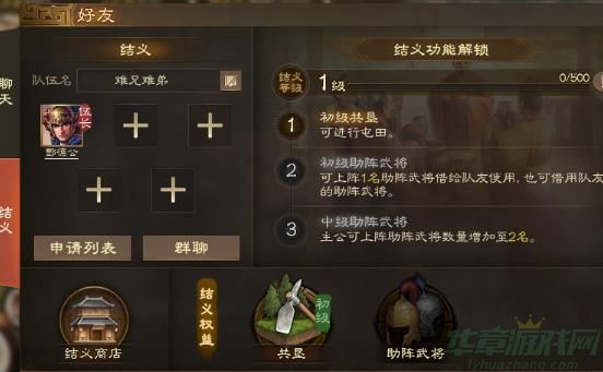 三国志战棋版是由腾讯运营的一款策略塔防类手游，融合了多种玩法要素，玩家在这款游戏中将成为一国君主，自由进行招兵买马、排兵布阵，应对强敌的同时不断开疆拓土。三国志战棋版这款游戏中以战棋模式为主要的对战玩法，玩家能够自由进行武将的培养与搭配，操作武将的走位与出招，灵活面对各种挑战内容。三国志战棋版这款游戏中，玩家还能够自由进行技能的选择与搭配，玩家能够通过主动与被动技能的搭配来灵活应战。游戏中玩法丰富，玩家还能进行借武将和结义。接下来，由小编和大家分享一下三国志战棋版结义系统玩法一览，感兴趣的玩家可以看看。  三国志战棋版结义系统玩法一览 1.结义系统  S4赛季开启即可体验“结义”系统，创建结义需达到一定势力值，处于同一军势才可加入结义，五人达成结义。  结义后，主公们可以通过活跃行为 (击杀蛮族首领、获得同盟贡献) 提升结义等级，不同等级即可开启不同的结义功能及效果，目前已有助力发育的“共垦”功能，以及共享武将资源的“助阵武将”功能。  2.助阵武将  结义等级达到2级后，即可开启“助阵武将”功能，主公可以出借或借用武将，助阵武将等级、战法等级跟随被助阵者选择助阵的武将。  出借武将同时可以获得情义值，情义值可兑换物资，因此无论向同袍出借武将还是借用同袍武将，都可以在“结义”系统中获得游戏体验的提升!  借用规则  1、申请借用 需要消耗策书  2、同一时间每个助阵武将只能被结义中的一人借用  3、每人同一时间只能借用一个助阵武将  4、借用武将后到时间限制自动归还。可以提前归还，无论是否提前归还，都会进入借用CD  出借规则  1、最多只能同时出借两名武将，不能出借在自己的部队、城防、委任中的武将  2、武将放入出借槽位后，处于借用中的状态，无法再对该武将进行操作，包括消耗、进阶、觉醒、上阵部队、城防及委任等  助阵武将状态  助阵武将被借用后进阶数、兵书、高级兵种、装备、是否为典藏武将、战法依然保留，但等级、战法等级跟随被助阵者，绝世武将借用后，加成部分不生效。  助阵武将的规则，其实对结义成员是一个挑战!如何结合自身和队友的武将库，合理安排五人最佳出借武将，实现共赢，提升结义同袍小队整体的战斗力，会是需要各位主公认真思考的问题。  助阵武将怎么玩?  成功借来的“助阵武将”，将出现在你的部队中，选择一个部队进行“派遣”，对部队中的其中一个武将进行“助阵”。同时继承被助阵武将的等级与战法等级。助阵武将有助阵次数限制(指挥次数)，当指挥次数不足时，系统会自动换回原武将，等到助阵次数恢复后再次上阵。  e.g. 如下图，助阵武将为陆逊，被助阵武将为孙坚。陆逊将继承孙坚的武将等级及战法等级，同时保留“进阶数、兵书、高级兵种、装备、战法”，当陆逊拥“指挥次数”时，会自动使用这个武将作为出战武将。  1)战法  如果助阵武将的战法不适配你的队伍或没有装配，则可以自行更换或佩戴  备注：战法等级跟随被助阵武将，无需考虑战法点损耗问题  2)高级兵种  如果助阵武将已经解锁了高级兵种，那么在被助阵武将达到30级后，则会同步高级兵种状态。同时，也可更换自己拥有的高级兵种  3)装备  如果助阵武将已经解锁了装备，那么随被助阵武将的等级同步装备状态。同时，也可以自行修改装备  4)兵书  如果被助阵者解锁了兵书种类槽位，第二个副兵书槽，那么也可以自行修改兵书  助阵武将的使用限制  1、部分战斗无法使用助阵武将，如【比武争锋】、【棋道会】  2、借用的武将/战法无法与现有所有部队内的武将/战法重复  3、由助阵武将组成新的部队的统御值仍不可超过上限  3.共垦  创建/加入结义队伍12小时后便可开启“土地资源”的共享，即“共垦”，提升主公的发育速度，大佬打地我屯田，提前享受高级地屯田产出!